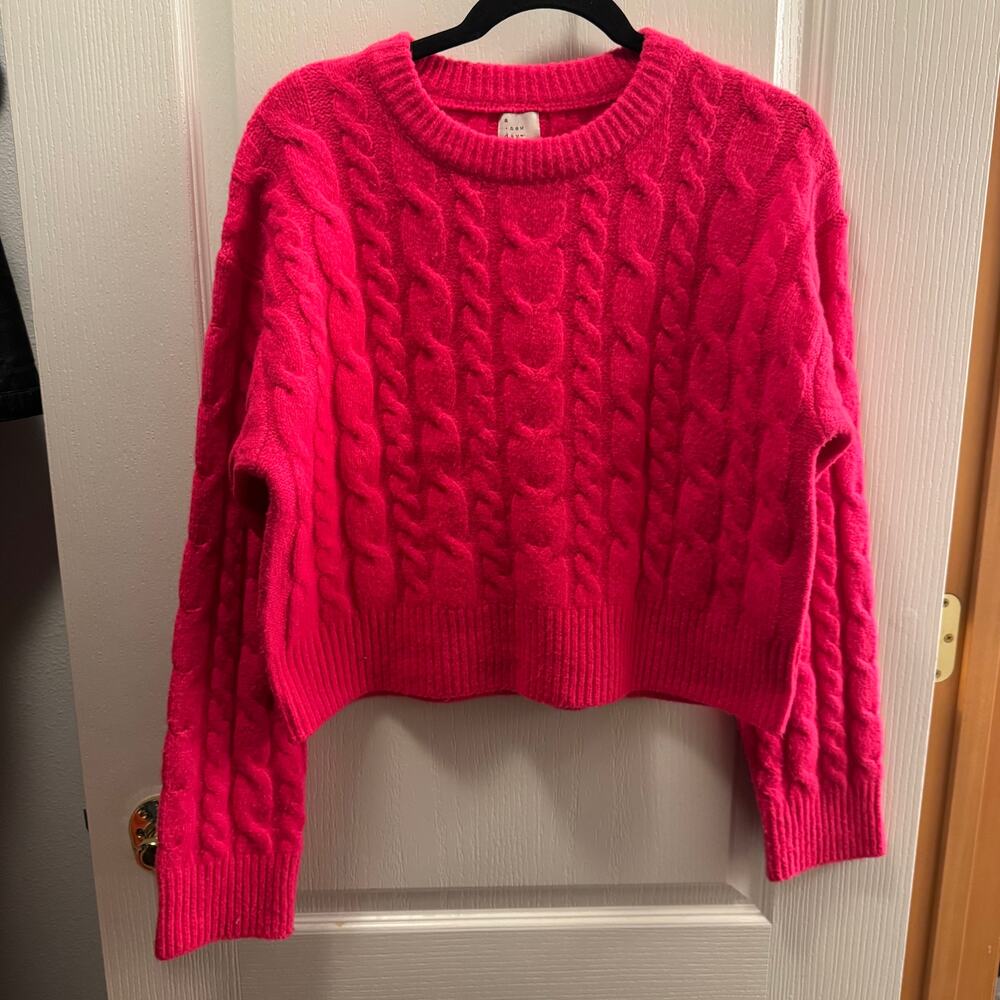 A New Day Hot Neon Pink Woman’s Cable Knit Sweater Size Medium